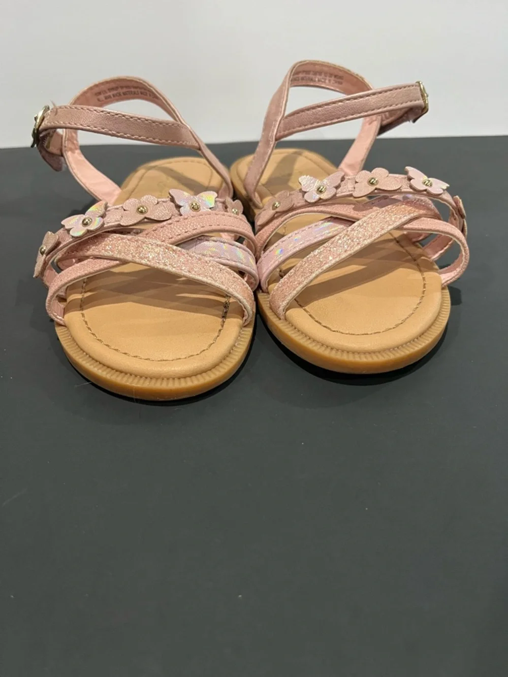 Sugar Pink Iridescent Floral Butterfly Glitter Strap Adjustable Ankle Sandal Kid